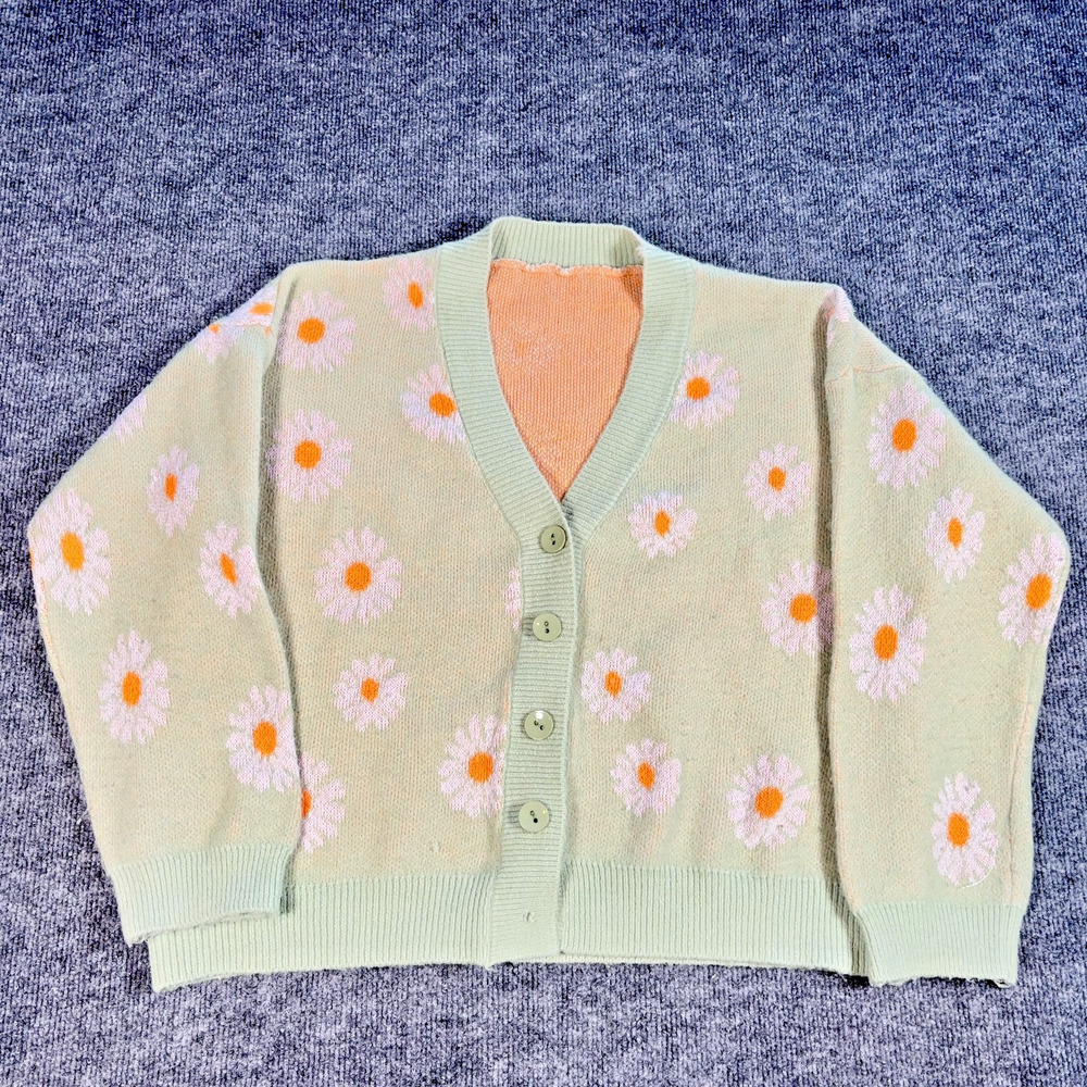 Shein Daisy Flower Knit Cardigan One Size Green Pastel Button Front Cute Cottage